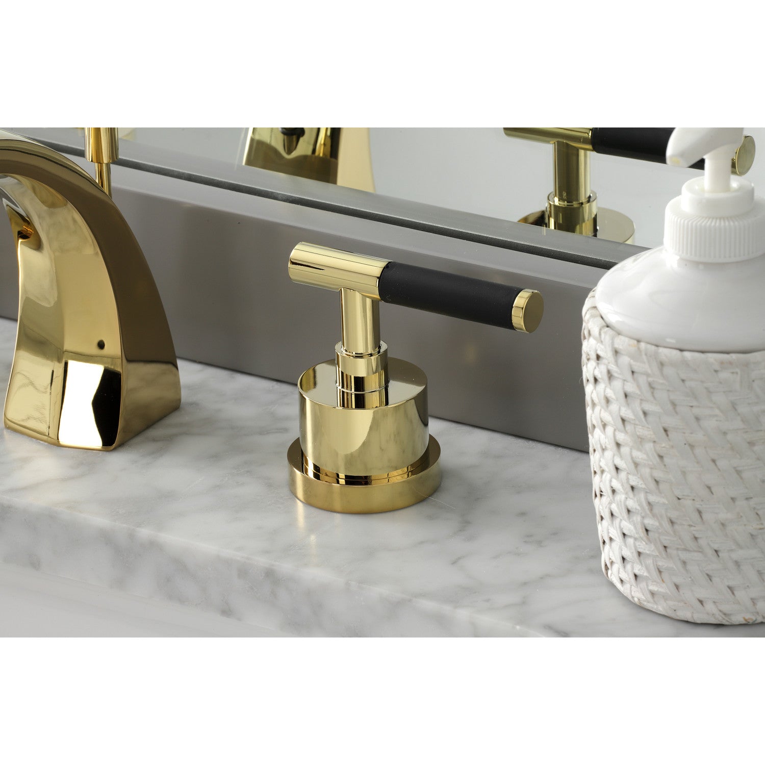 Kingston Sona KS4982CKL - Kaiser Two-Handle 3-Hole Deck Mount Widespread Bathroom Faucet with Brass Pop-Up, Polished Brass — thumbnail 2